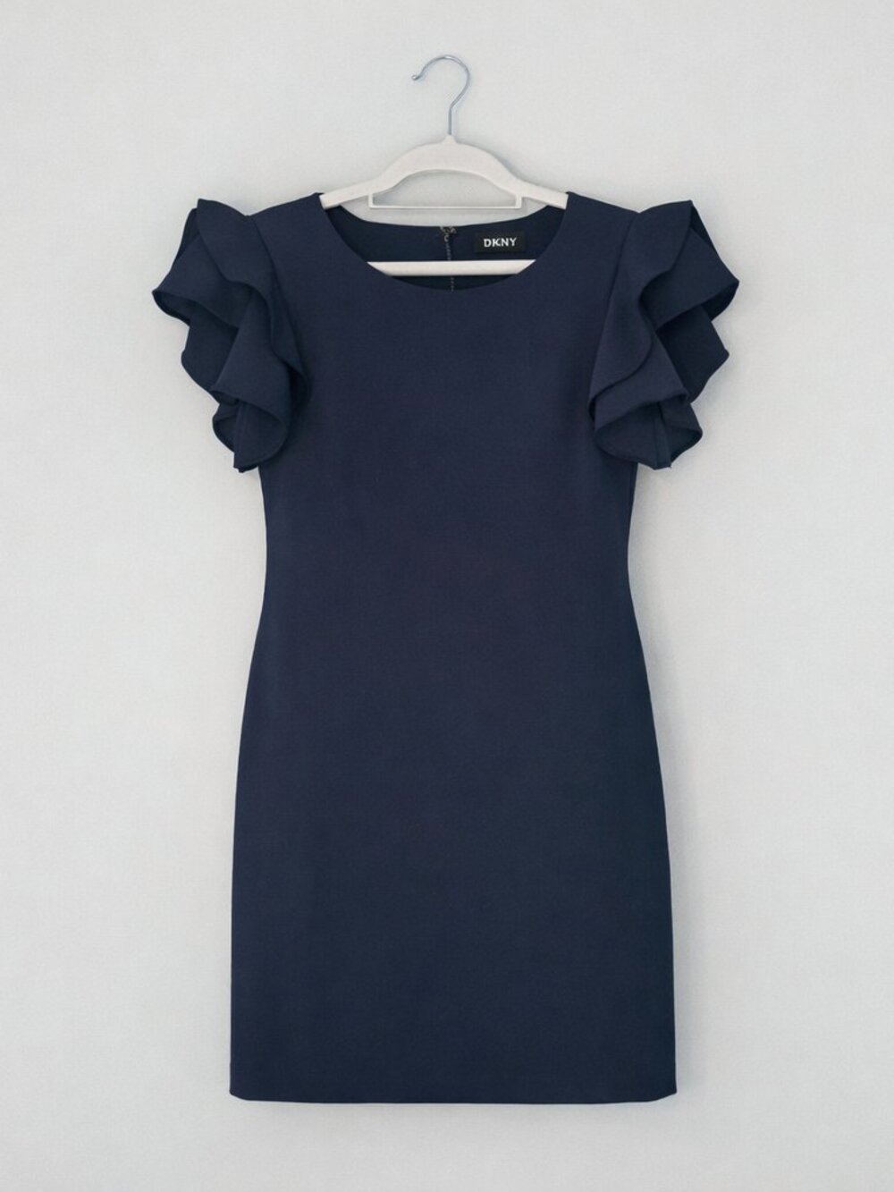 DKNY Navy Blue Ruffle‑Sleeve, Fit & Flare, Knee Length Dress